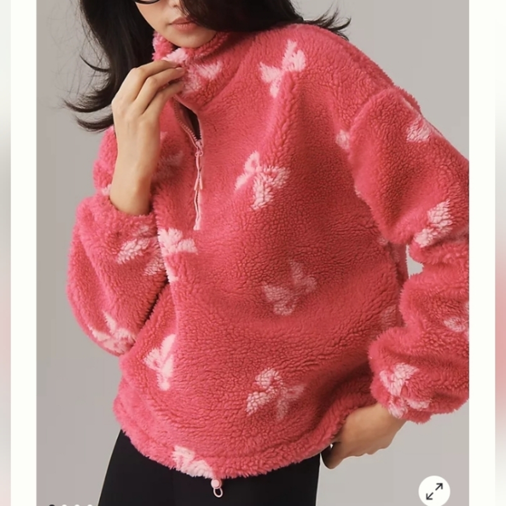 Beach Riot Women's Leona Slopes Sherpa Quarter-Zip Pullover In Pink Bows Sz S